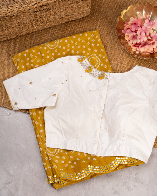 Mustard Yellow Bandini Prints on Crepe Silk with Mirror lace work and Hand Work Blouse in Beige color | Blouse Size 38-44" | Free Shipping