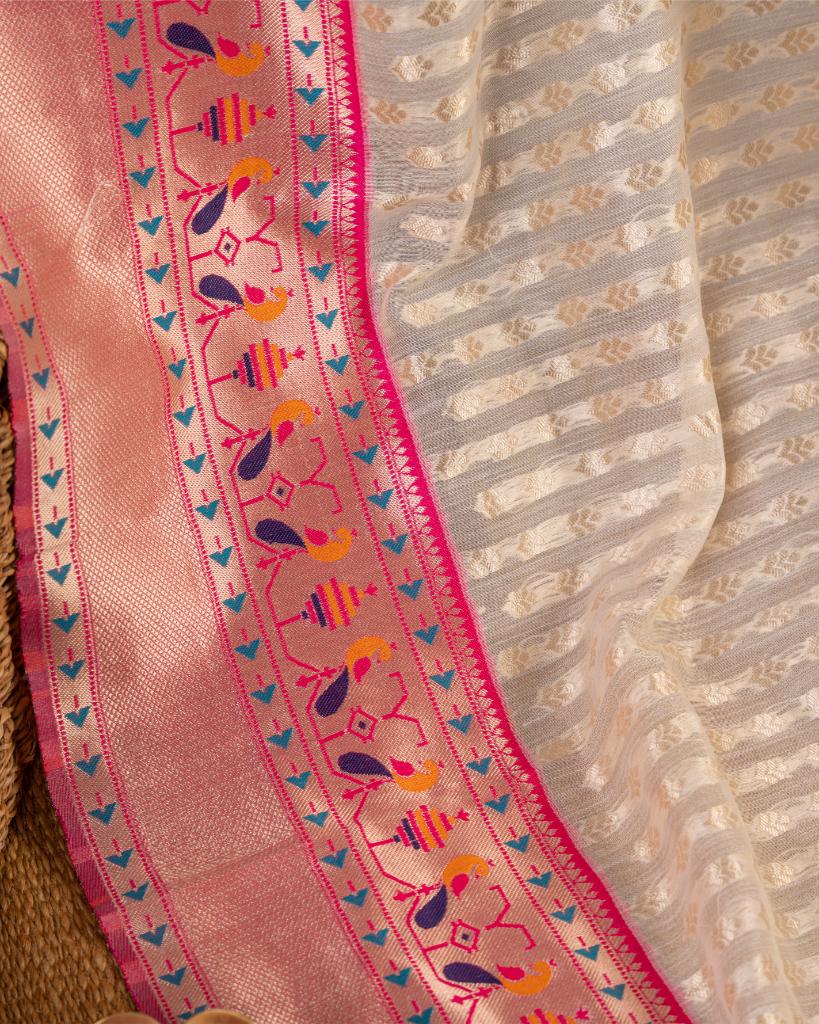 Off White Paithani Brocade pattern weaving  Semi Chanderi Silk Saree with Silver Borders & with Magenta Patterned Blouse | Blouse Size 38-44” | Free Shipping