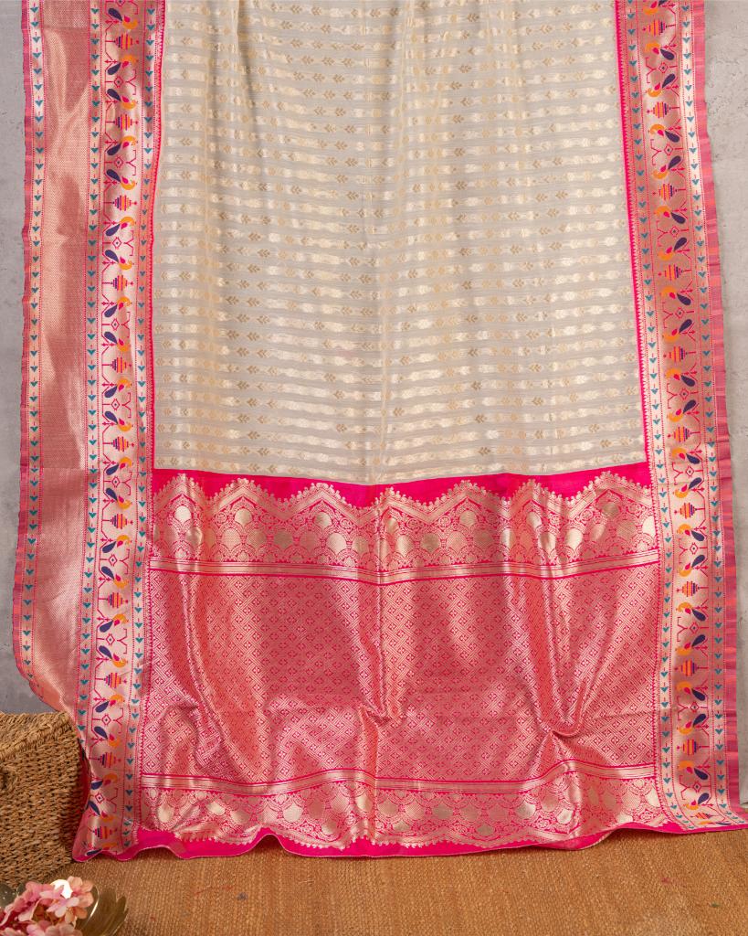 Off White Paithani Brocade pattern weaving  Semi Chanderi Silk Saree with Silver Borders & with Magenta Patterned Blouse | Blouse Size 38-44” | Free Shipping