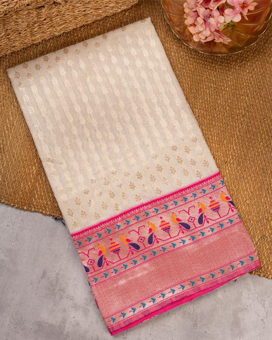 Off White Paithani Brocade pattern weaving  Semi Chanderi Silk Saree with Silver Borders & with Magenta Patterned Blouse | Blouse Size 38-44” | Free Shipping