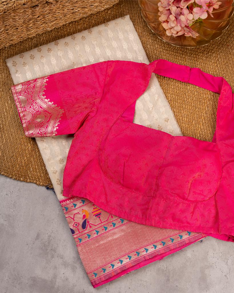 Off White Paithani Brocade pattern weaving  Semi Chanderi Silk Saree with Silver Borders & with Magenta Patterned Blouse | Blouse Size 38-44” | Free Shipping