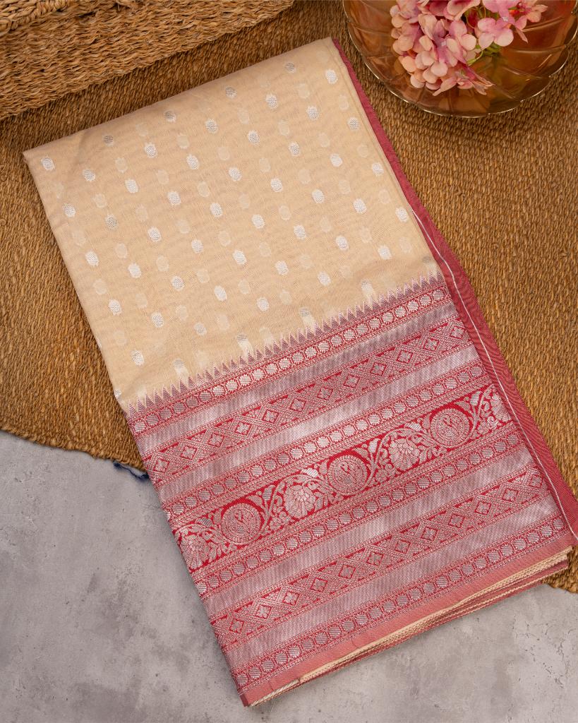 Off white Semi Chanderi Silk Saree with Silver Zari Kanchipuram inspired Borders Magenta Pink & Patterened Blouse | Blouse Size 38-44” | Free Shipping