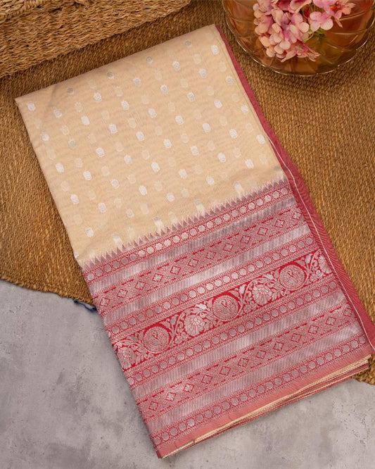 Off white Semi Chanderi Silk Saree with Silver Zari Kanchipuram inspired Borders Magenta Pink & Patterened Blouse | Blouse Size 38-44” | Free Shipping