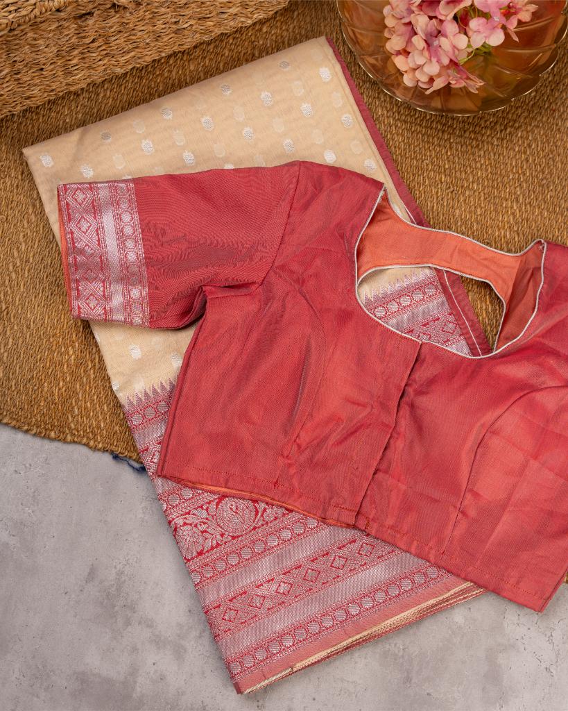 Off white Semi Chanderi Silk Saree with Silver Zari Kanchipuram inspired Borders Magenta Pink & Patterened Blouse | Blouse Size 38-44” | Free Shipping
