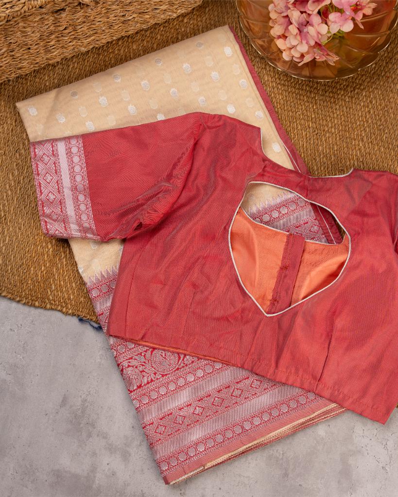 Off white Semi Chanderi Silk Saree with Silver Zari Kanchipuram inspired Borders Magenta Pink & Patterened Blouse | Blouse Size 38-44” | Free Shipping