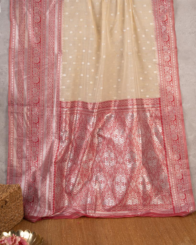Off white Semi Chanderi Silk Saree with Silver Zari Kanchipuram inspired Borders Magenta Pink & Patterened Blouse | Blouse Size 38-44” | Free Shipping