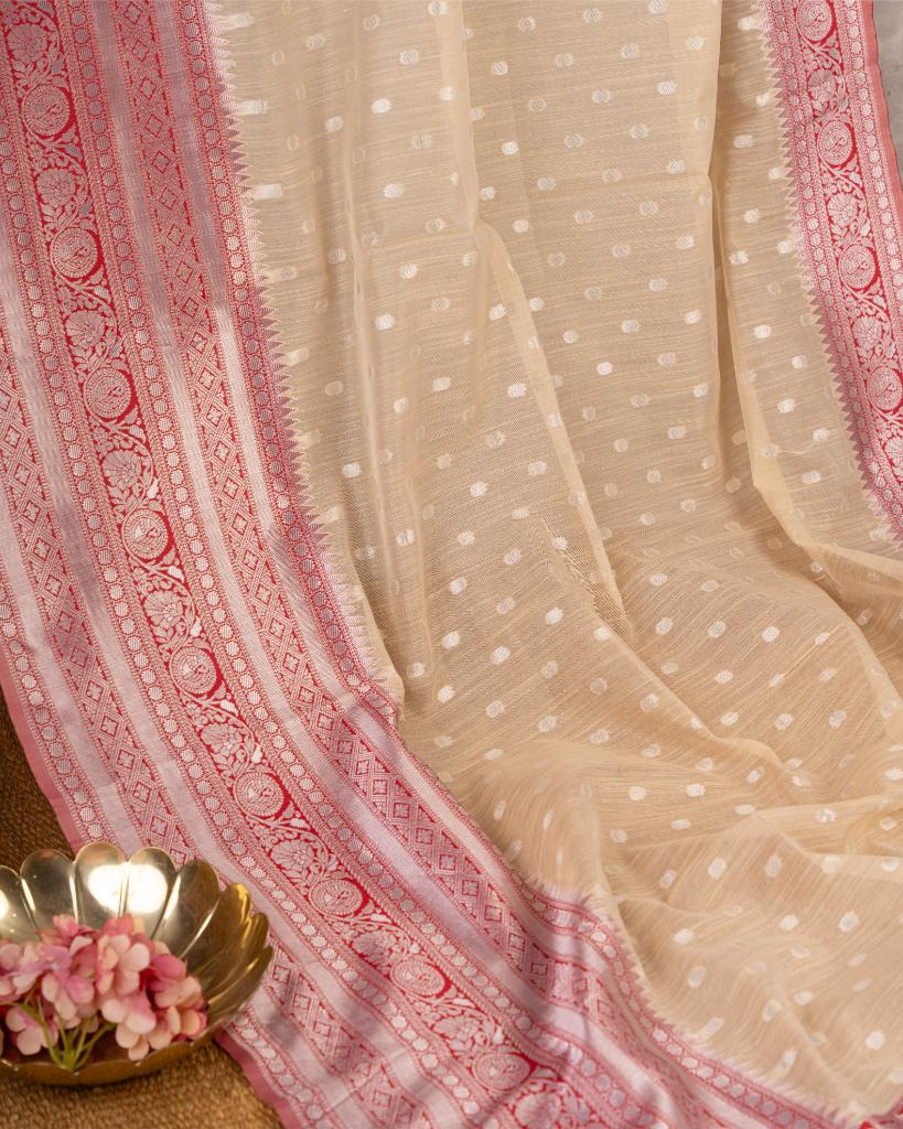 Off white Semi Chanderi Silk Saree with Silver Zari Kanchipuram inspired Borders Magenta Pink & Patterened Blouse | Blouse Size 38-44” | Free Shipping