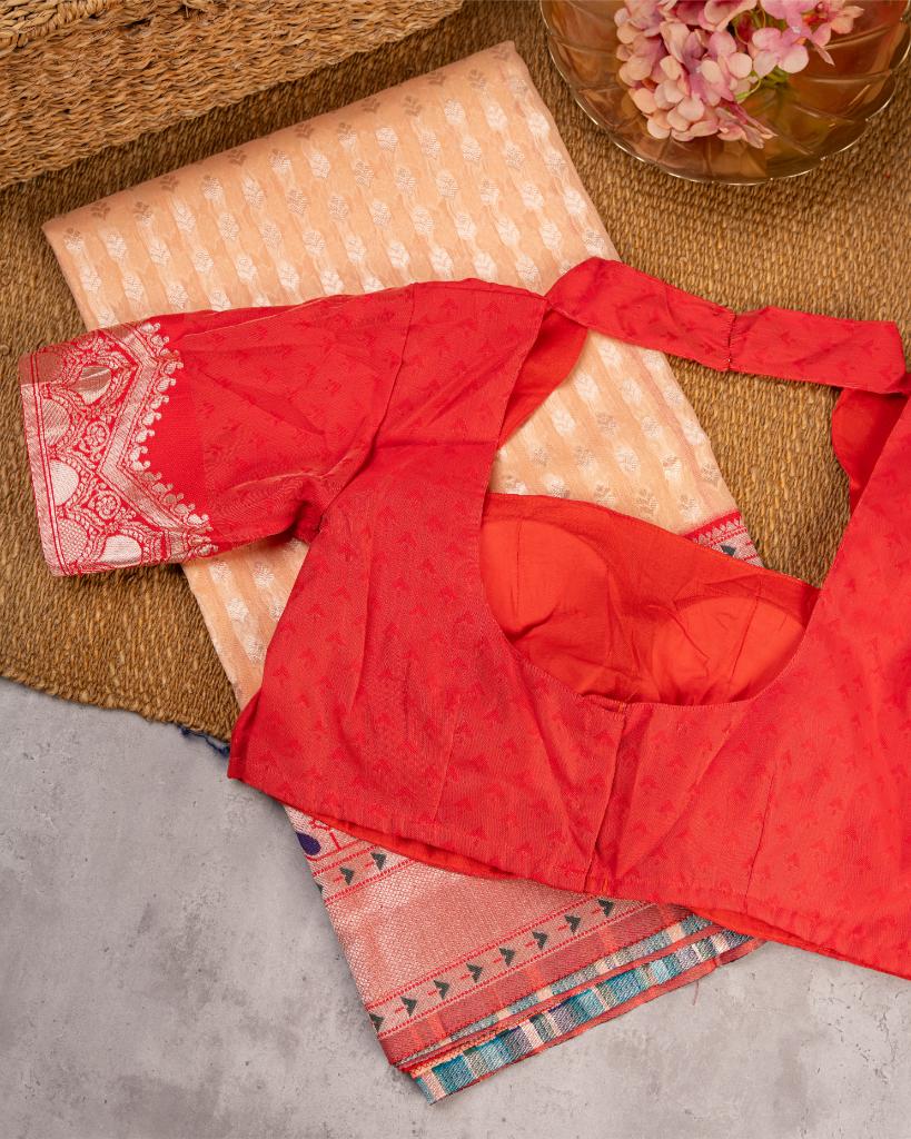 Paithani Brocade pattern weaving on Peach Semi Chanderi Silk Saree with Silver Borders & with Red Patterned Blouse | Blouse Size 38-44 | Free Shipping