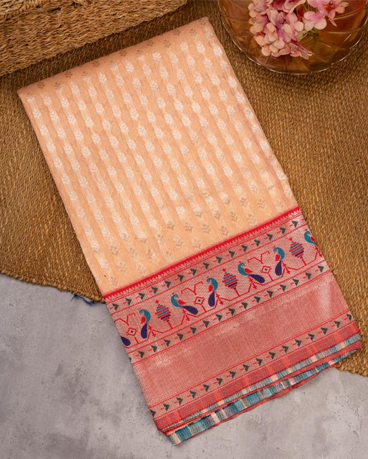Paithani Brocade pattern weaving on Peach Semi Chanderi Silk Saree with Silver Borders & with Red Patterned Blouse | Blouse Size 38-44 | Free Shipping