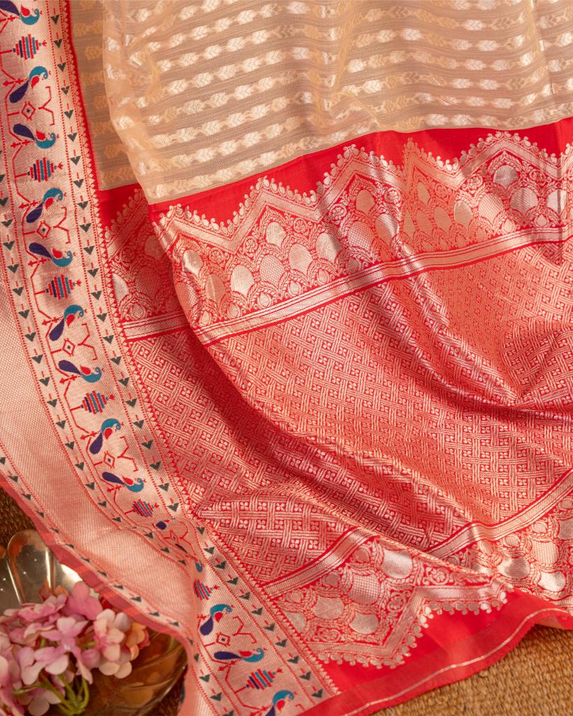 Paithani Brocade pattern weaving on Peach Semi Chanderi Silk Saree with Silver Borders & with Red Patterned Blouse | Blouse Size 38-44 | Free Shipping