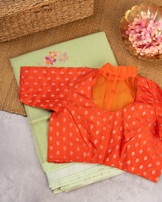 Pale Green Kota Silk with Hand embroidery & Silver Borders with Orange Banarasi Silk Blouse | Blouse Size 38-44" | Free Shipping |