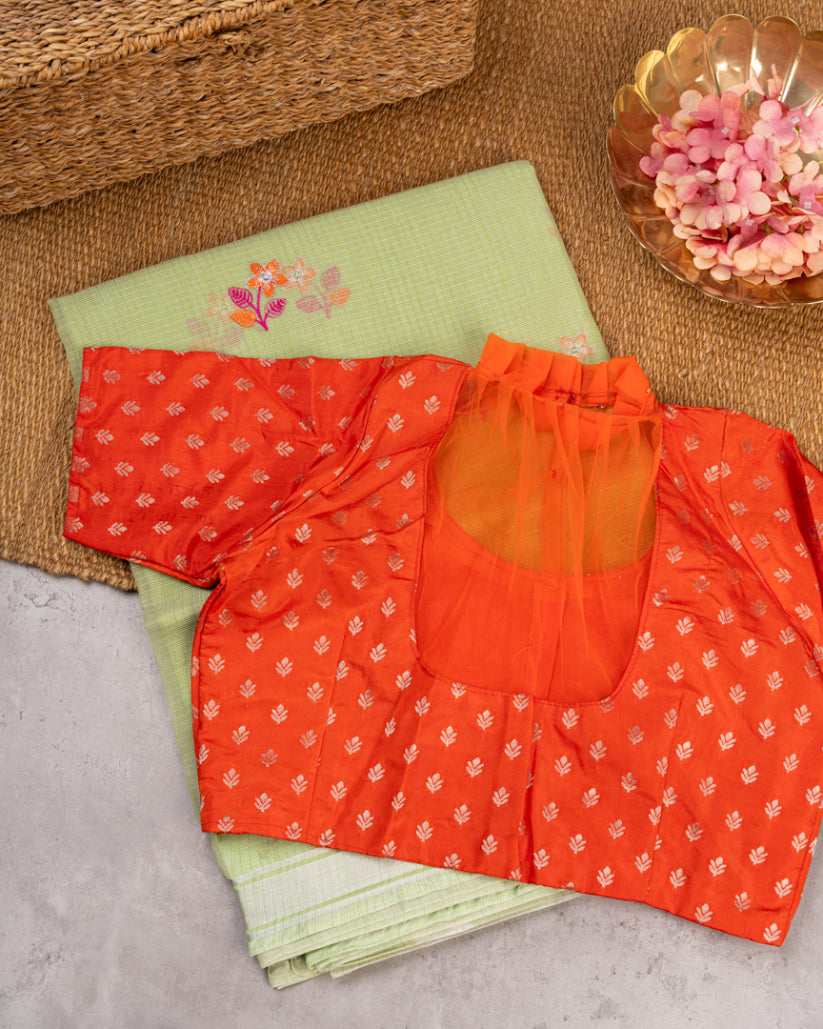 Pale Green Kota Silk with Hand embroidery & Silver Borders with Orange Banarasi Silk Blouse | Blouse Size 38-44" | Free Shipping |