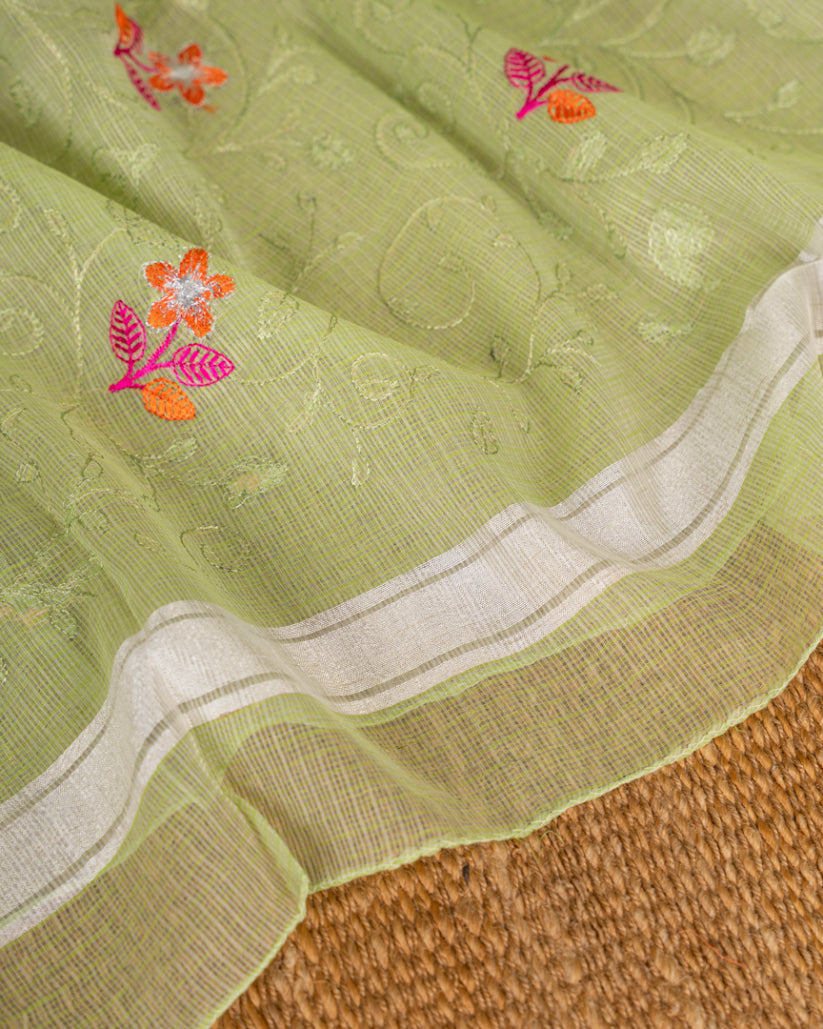 Pale Green Kota Silk with Hand embroidery & Silver Borders with Orange Banarasi Silk Blouse | Blouse Size 38-44" | Free Shipping |