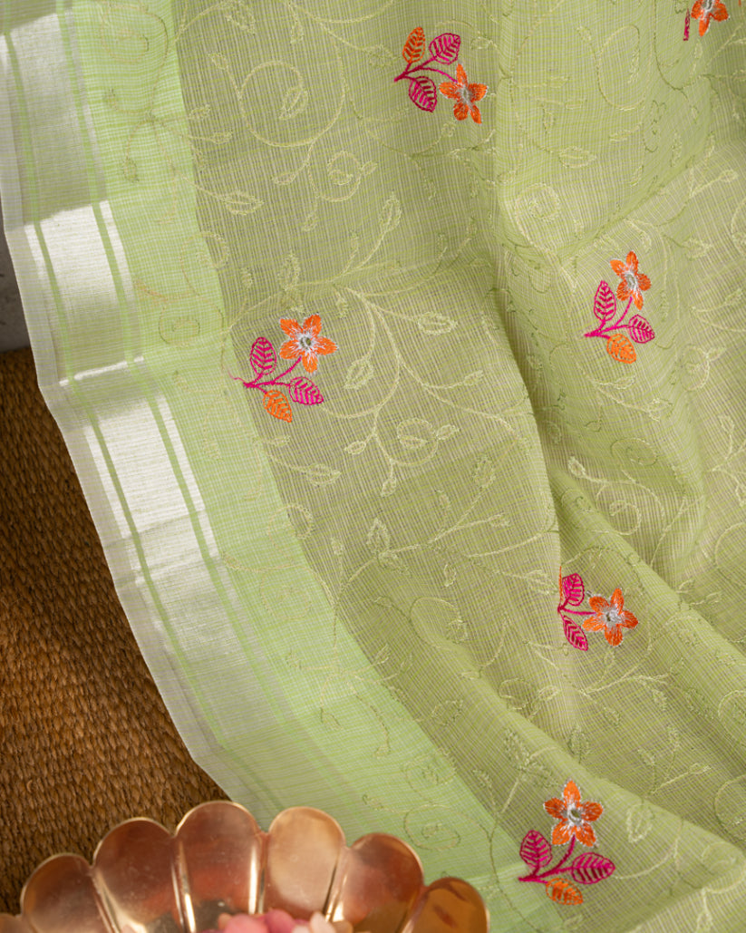 Pale Green Kota Silk with Hand embroidery & Silver Borders with Orange Banarasi Silk Blouse | Blouse Size 38-44" | Free Shipping |