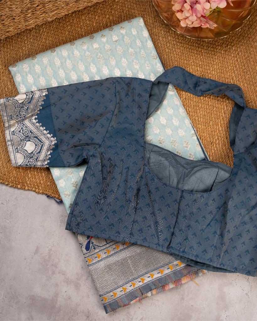 Pastel Blue Semi Chanderi Silk Saree with Silver Zari Kanchipuram inspired Borders in Greyish Blue & Patterened Blouse | Blouse Size 38-44” | Free Shipping