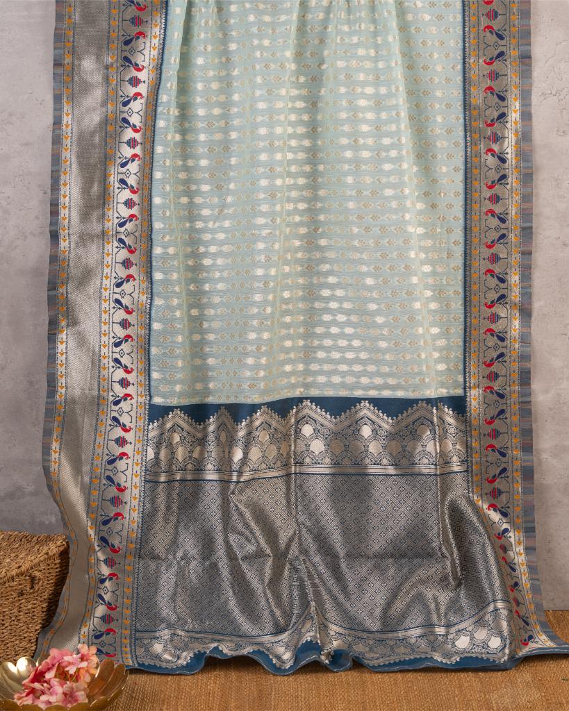 Pastel Blue Semi Chanderi Silk Saree with Silver Zari Kanchipuram inspired Borders in Greyish Blue & Patterened Blouse | Blouse Size 38-44” | Free Shipping