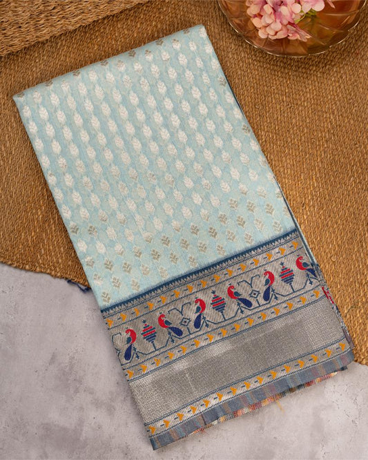Pastel Blue Semi Chanderi Silk Saree with Silver Zari Kanchipuram inspired Borders in Greyish Blue & Patterened Blouse | Blouse Size 38-44” | Free Shipping