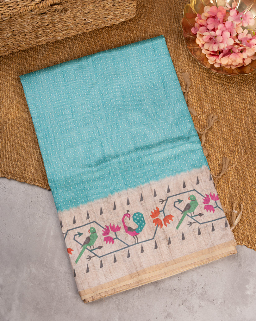 Pastel Blue Tassar Silk Saree with Paithani Brocade printed Borders & Pallu | Blouse Size 38-44” | Free Shipping