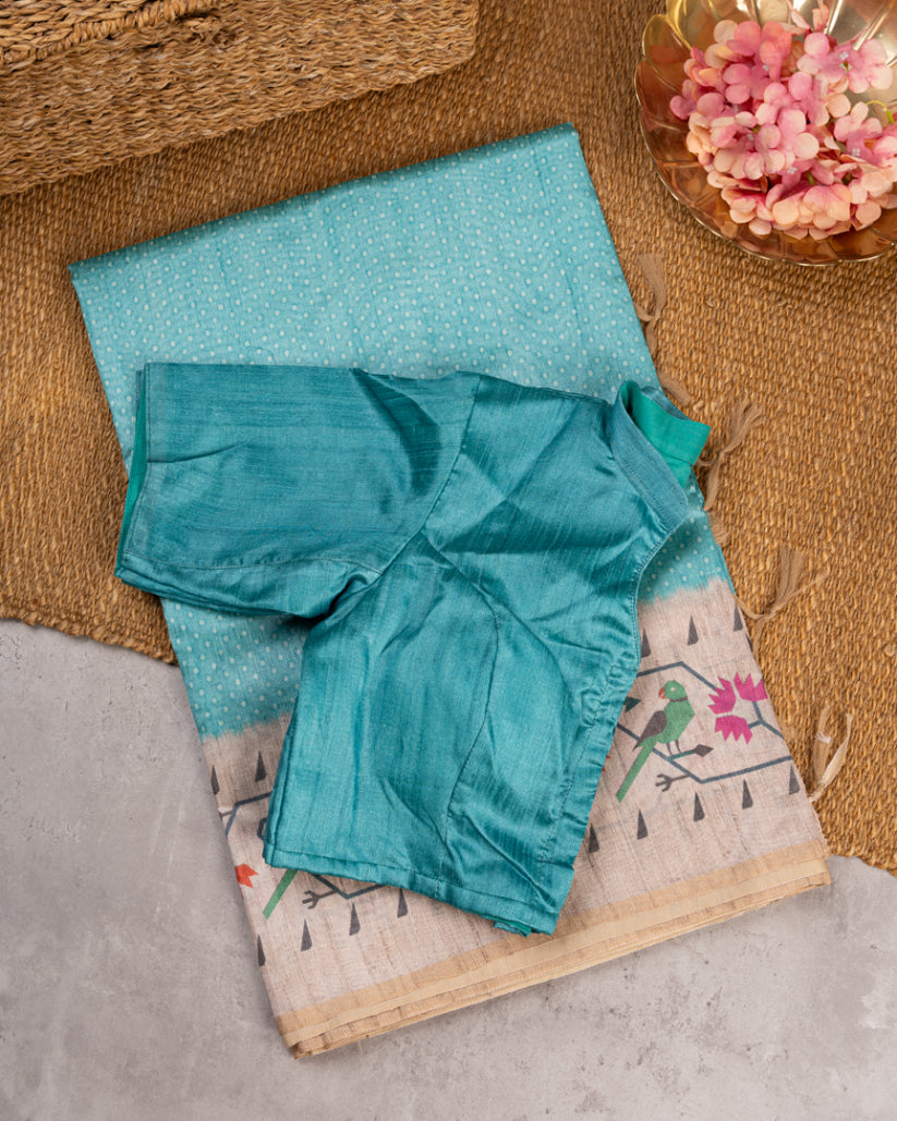 Pastel Blue Tassar Silk Saree with Paithani Brocade printed Borders & Pallu | Blouse Size 38-44” | Free Shipping