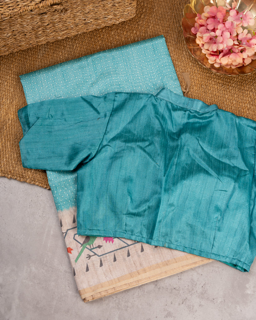 Pastel Blue Tassar Silk Saree with Paithani Brocade printed Borders & Pallu | Blouse Size 38-44” | Free Shipping