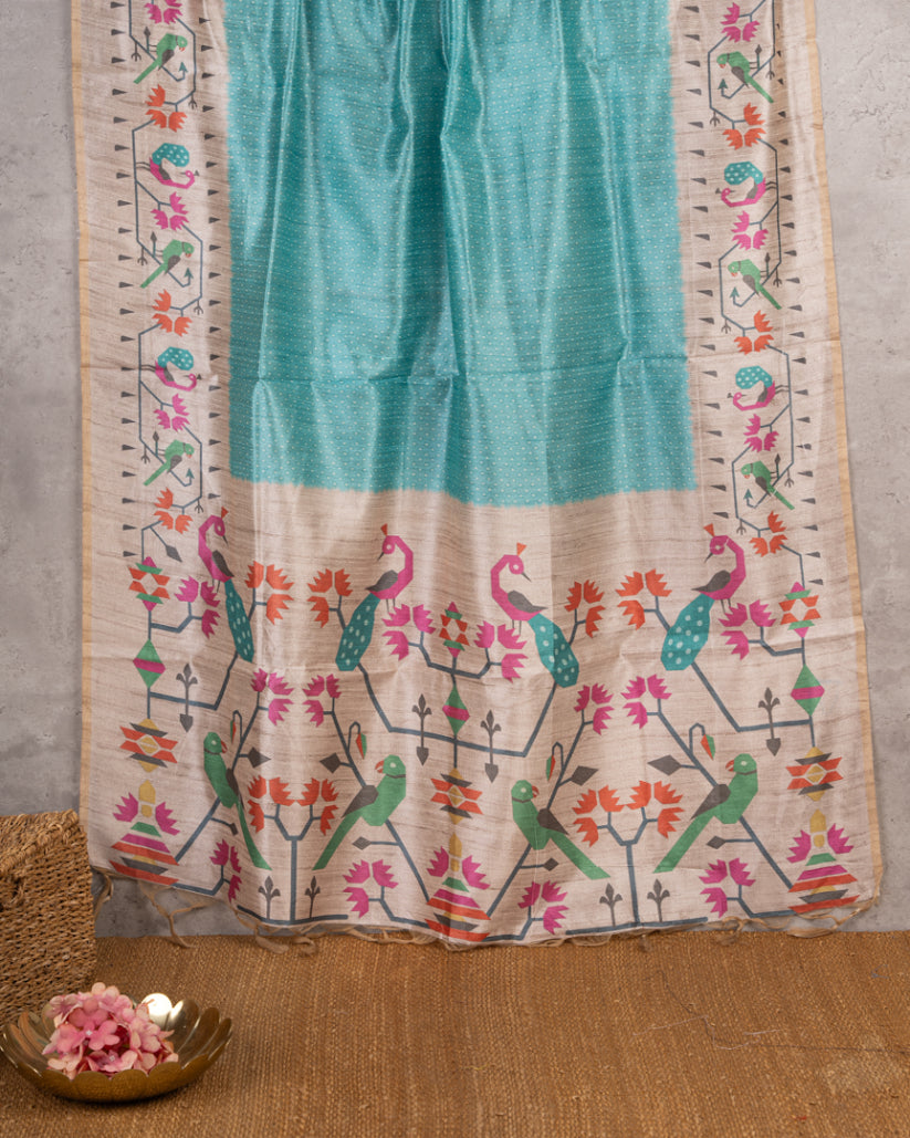 Pastel Blue Tassar Silk Saree with Paithani Brocade printed Borders & Pallu | Blouse Size 38-44” | Free Shipping