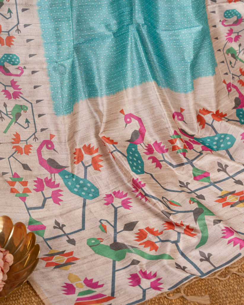 Pastel Blue Tassar Silk Saree with Paithani Brocade printed Borders & Pallu | Blouse Size 38-44” | Free Shipping