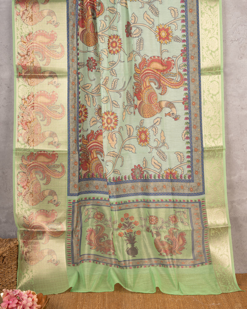Pastel Bue Kora Tissue with Kalamkari Prints and Green Tissue Blouse  | Blouse Size 38-44” | Free Shipping