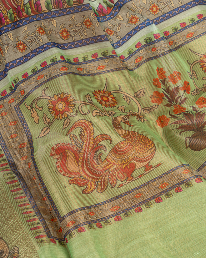 Pastel Bue Kora Tissue with Kalamkari Prints and Green Tissue Blouse  | Blouse Size 38-44” | Free Shipping