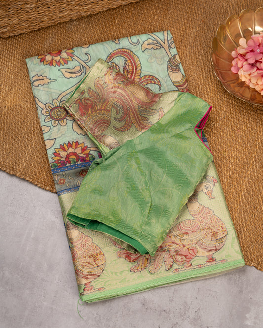 Pastel Bue Kora Tissue with Kalamkari Prints and Green Tissue Blouse  | Blouse Size 38-44” | Free Shipping