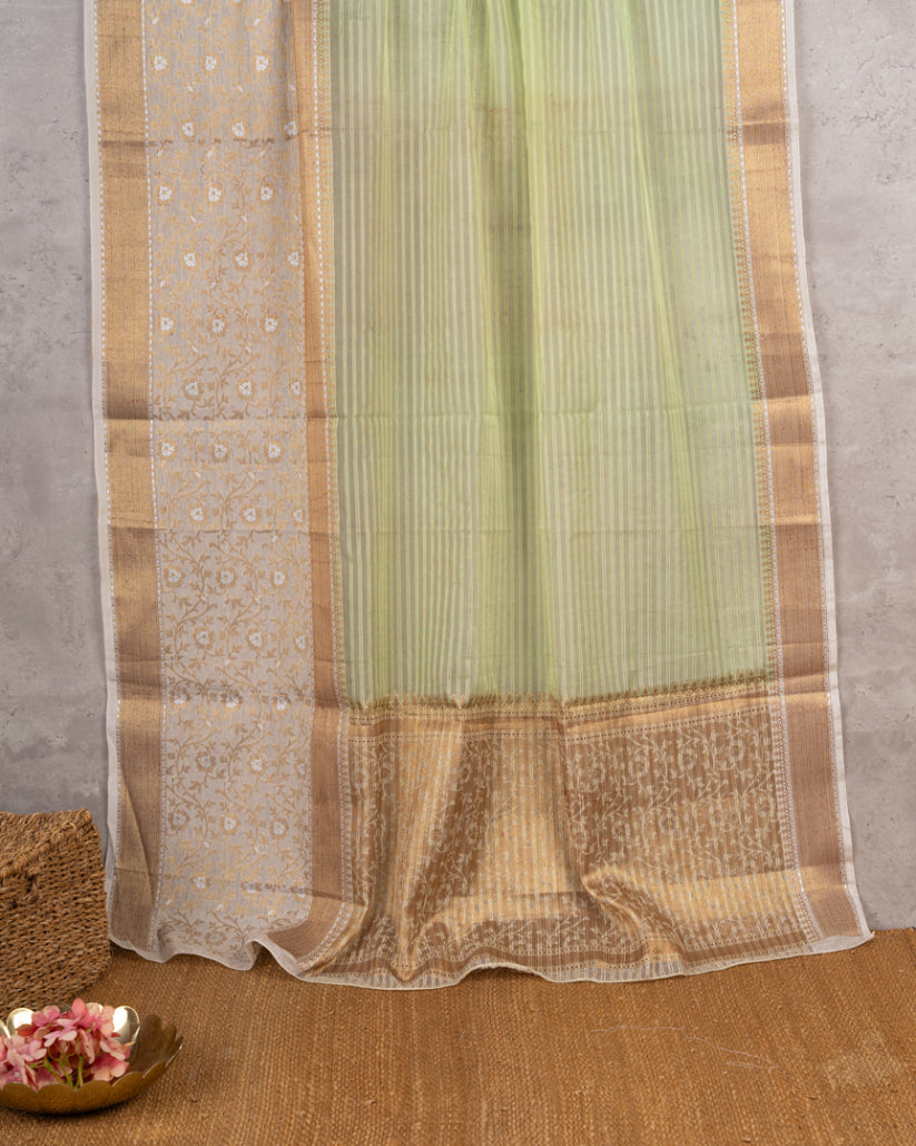 Pastel Green Banarasi Kora Silk Saree with beige meenakari borders & beige Pattern Blouse | Blouse size 38-44" | Free Shipping