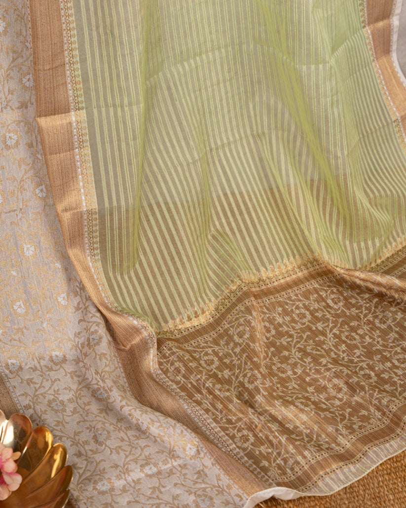 Pastel Green Banarasi Kora Silk Saree with beige meenakari borders & beige Pattern Blouse | Blouse size 38-44" | Free Shipping