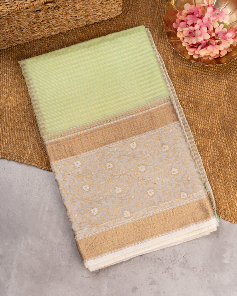 Pastel Green Banarasi Kora Silk Saree with beige meenakari borders & beige Pattern Blouse | Blouse size 38-44" | Free Shipping