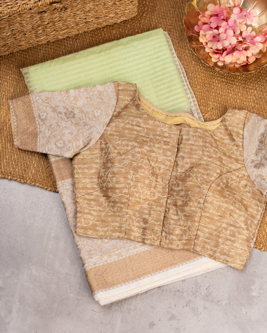 Pastel Green Banarasi Kora Silk Saree with beige meenakari borders & beige Pattern Blouse | Blouse size 38-44" | Free Shipping