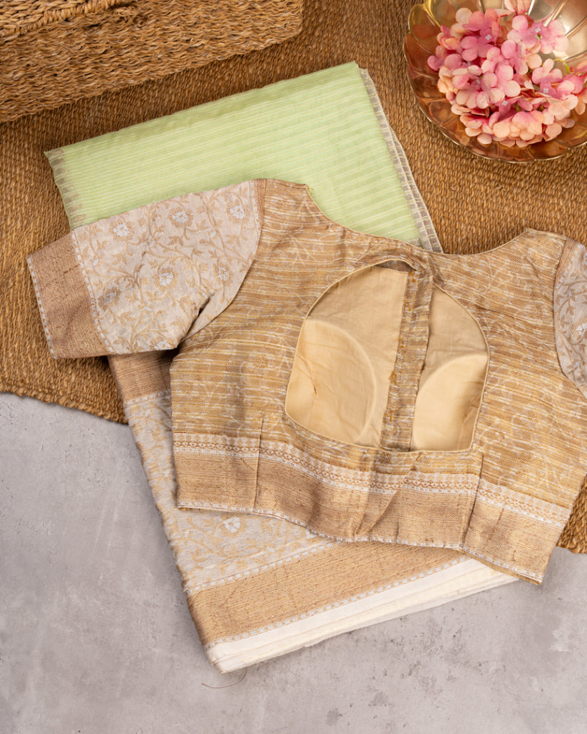Pastel Green Banarasi Kora Silk Saree with beige meenakari borders & beige Pattern Blouse | Blouse size 38-44" | Free Shipping