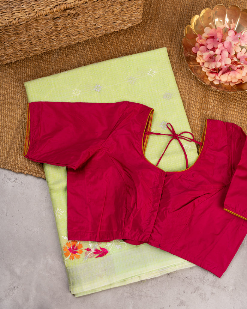 Pastel Green Kota Silk with Chikankari, Machine embroidery & Silver Borders with Magenta Silk Blouse | Blouse Size 38-44" | Free Shipping |