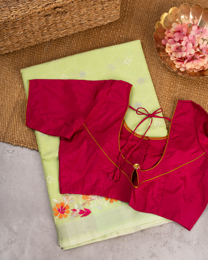 Pastel Green Kota Silk with Chikankari, Machine embroidery & Silver Borders with Magenta Silk Blouse | Blouse Size 38-44" | Free Shipping |