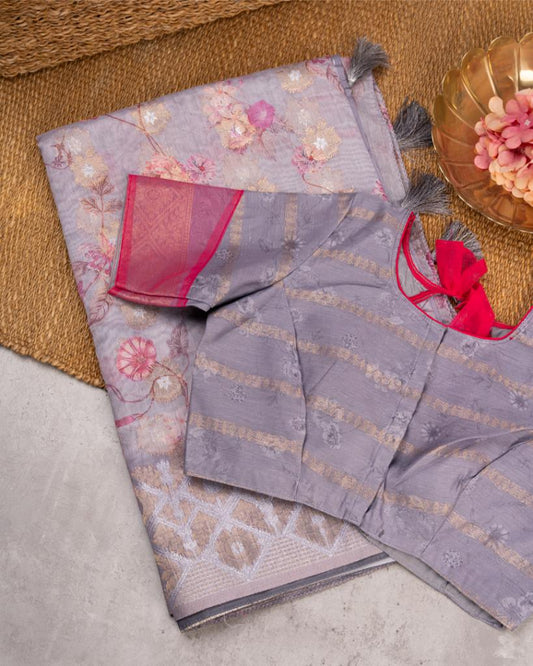Pastel Grey Chanderi Floral Printed Saree with Pattern Blouse | Blouse Size 38-44” | Free Shipping