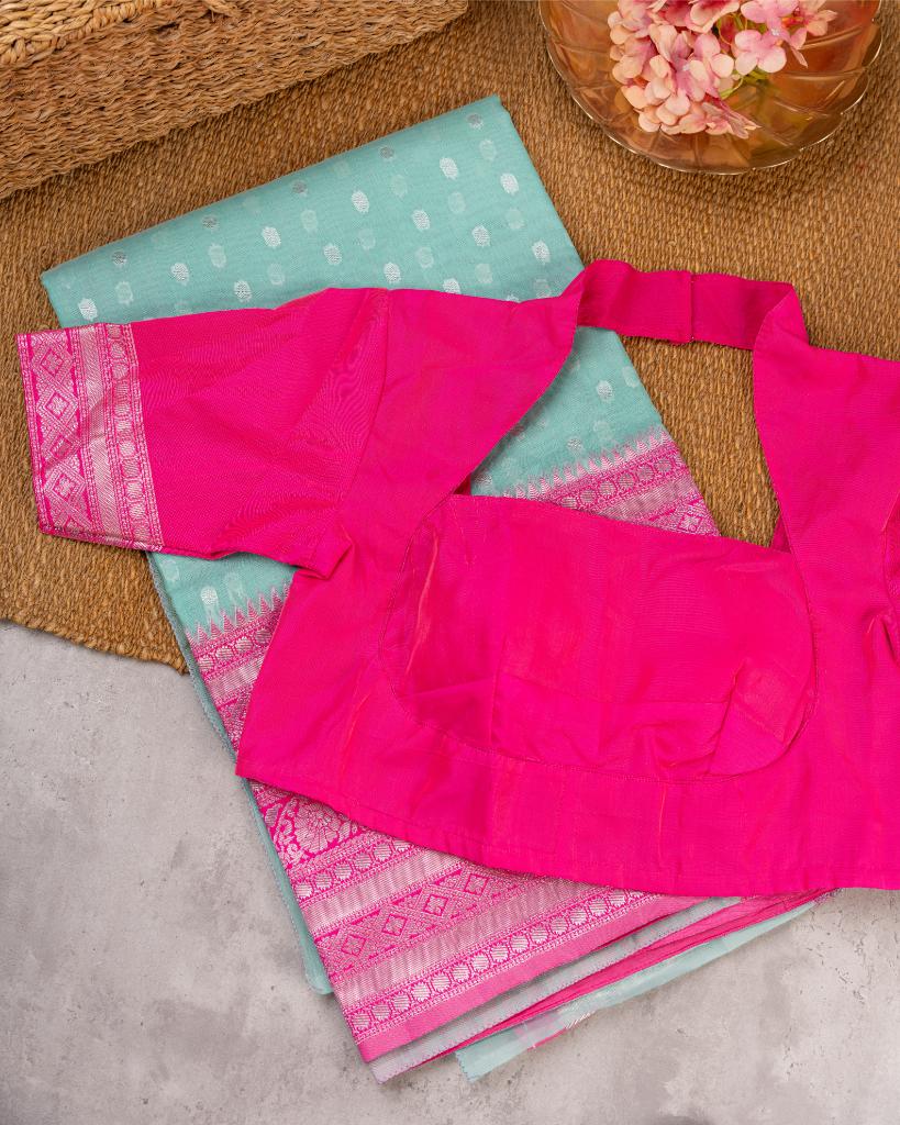 Pastel Grey Semi Chanderi Silk Saree with Silver Zari Kanchipuram inspired Borders in Magenta Pink & Pattern Blouse | Blouse Size 38-44” | Free Shipping