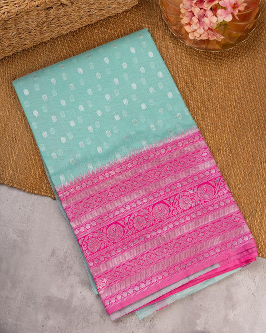 Pastel Grey Semi Chanderi Silk Saree with Silver Zari Kanchipuram inspired Borders in Magenta Pink & Pattern Blouse | Blouse Size 38-44” | Free Shipping