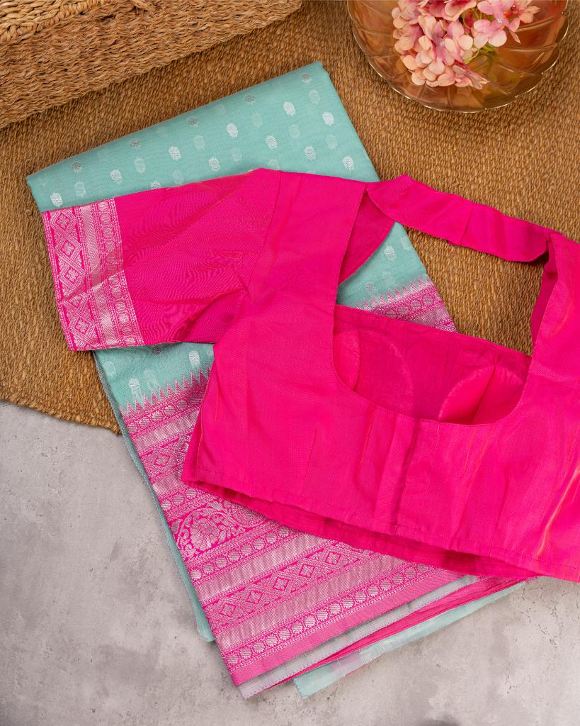 Pastel Grey Semi Chanderi Silk Saree with Silver Zari Kanchipuram inspired Borders in Magenta Pink & Pattern Blouse | Blouse Size 38-44” | Free Shipping