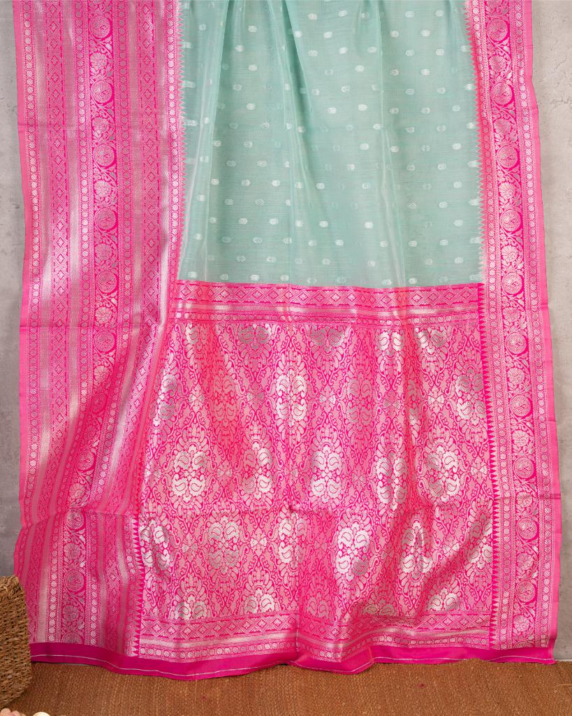 Pastel Grey Semi Chanderi Silk Saree with Silver Zari Kanchipuram inspired Borders in Magenta Pink & Pattern Blouse | Blouse Size 38-44” | Free Shipping