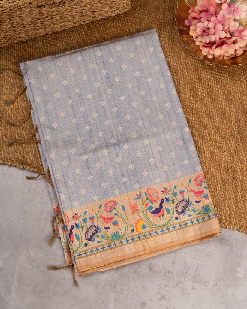 Pastel Grey Semi Tassar Silk Saree with Paithani Brocade printed Borders & Beige Pallu | Blouse Size 38-44” | Free Shipping