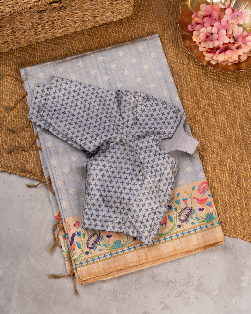 Pastel Grey Semi Tassar Silk Saree with Paithani Brocade printed Borders & Beige Pallu | Blouse Size 38-44” | Free Shipping