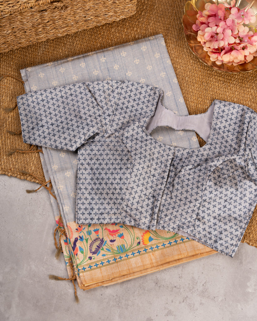 Pastel Grey Semi Tassar Silk Saree with Paithani Brocade printed Borders & Beige Pallu | Blouse Size 38-44” | Free Shipping