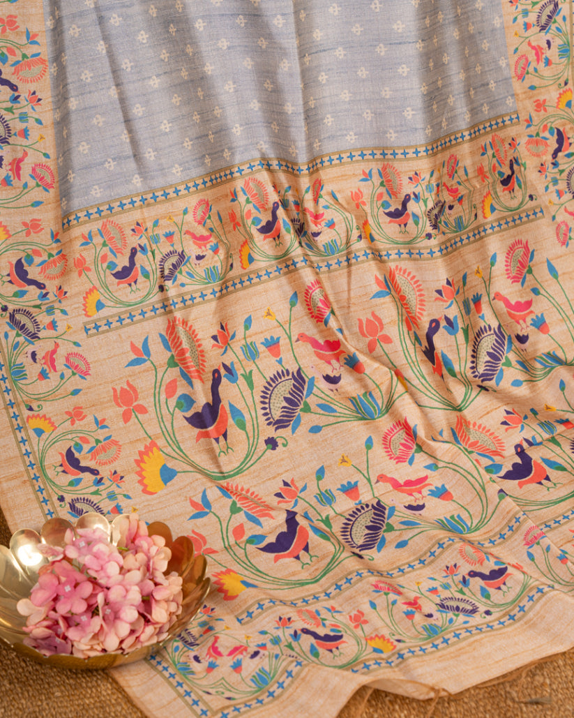 Pastel Grey Semi Tassar Silk Saree with Paithani Brocade printed Borders & Beige Pallu | Blouse Size 38-44” | Free Shipping