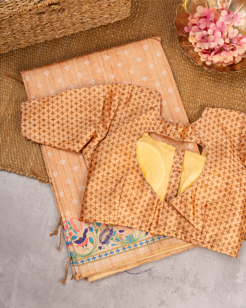 Pastel Orange Semi Tassar Silk Saree with Paithani Brocade printed Borders & Pallu | Blouse Size 38-44” | Free Shipping