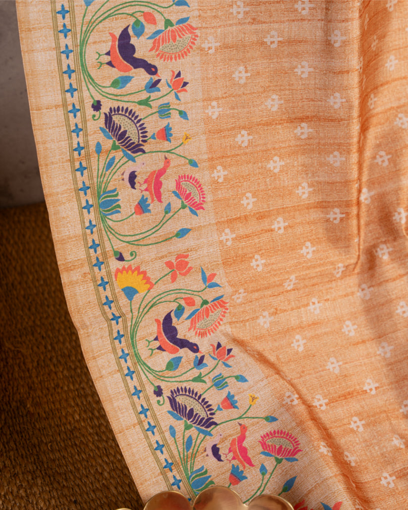 Pastel Orange Semi Tassar Silk Saree with Paithani Brocade printed Borders & Pallu | Blouse Size 38-44” | Free Shipping