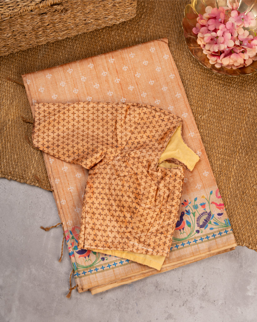 Pastel Orange Semi Tassar Silk Saree with Paithani Brocade printed Borders & Pallu | Blouse Size 38-44” | Free Shipping
