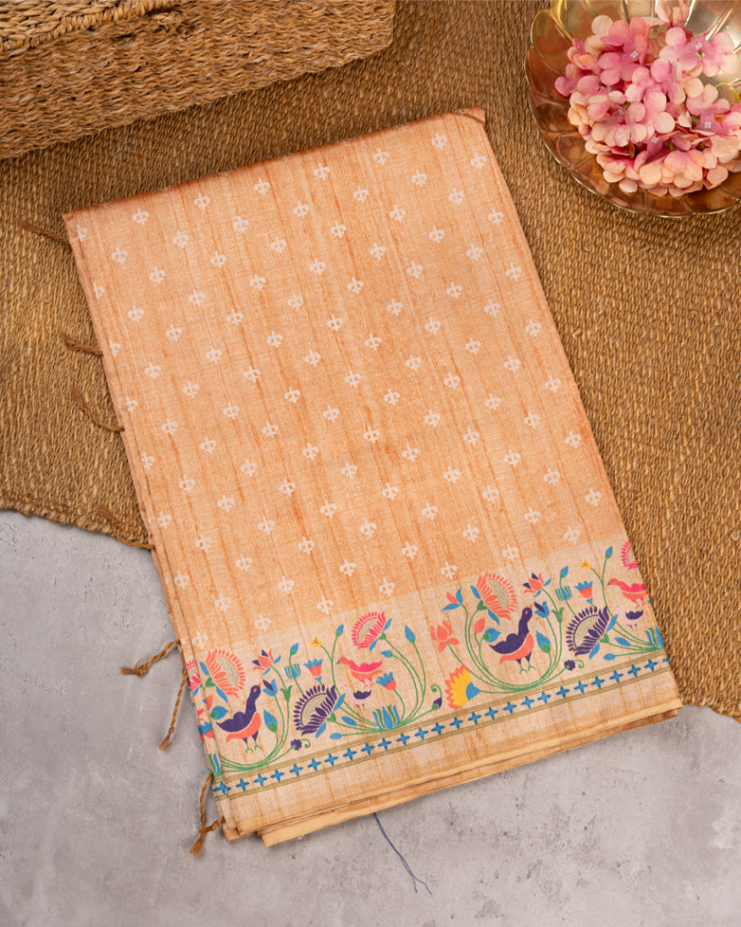 Pastel Orange Semi Tassar Silk Saree with Paithani Brocade printed Borders & Pallu | Blouse Size 38-44” | Free Shipping