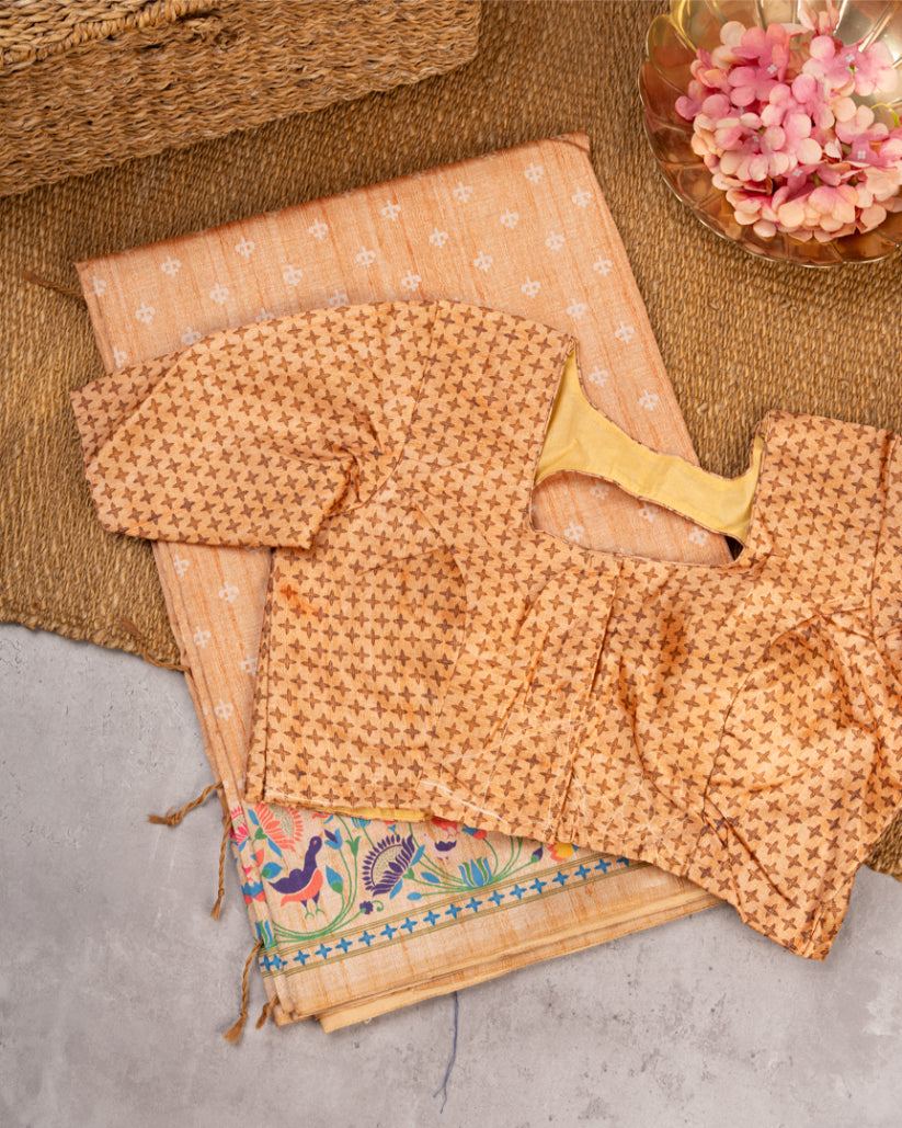 Pastel Orange Semi Tassar Silk Saree with Paithani Brocade printed Borders & Pallu | Blouse Size 38-44” | Free Shipping